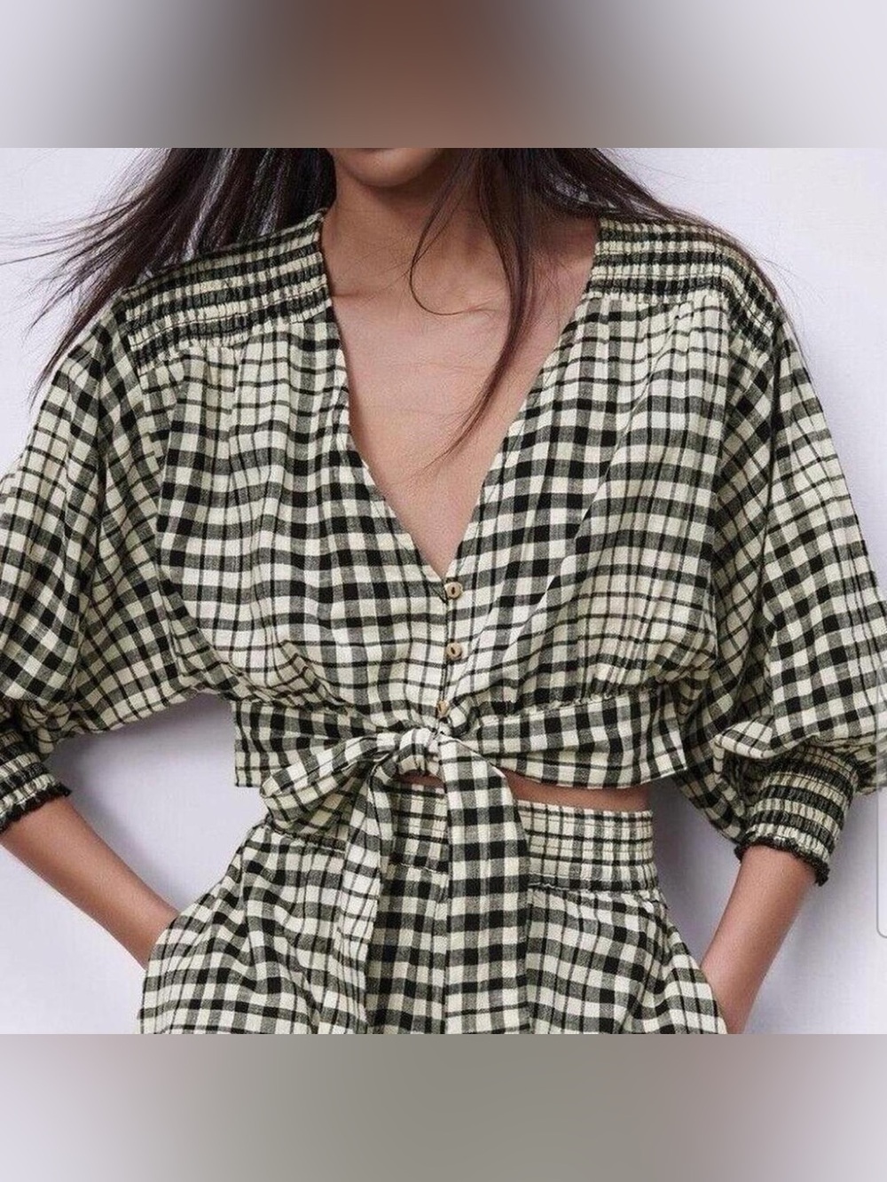 Zara Black and Cream Plaid Tie-Front Crop Top